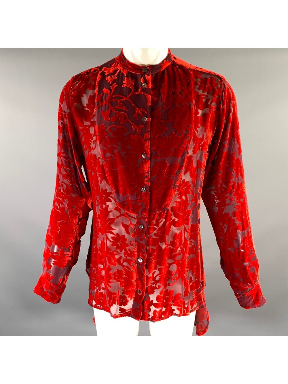 ANN DEMEULEMEESTER Size S Red Silk Blend Band Collar Long Sleeve Shirt